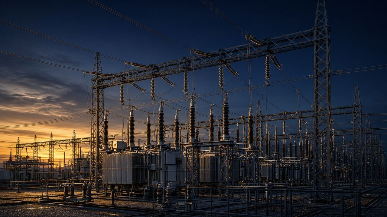 Electrical substation yard with transformers