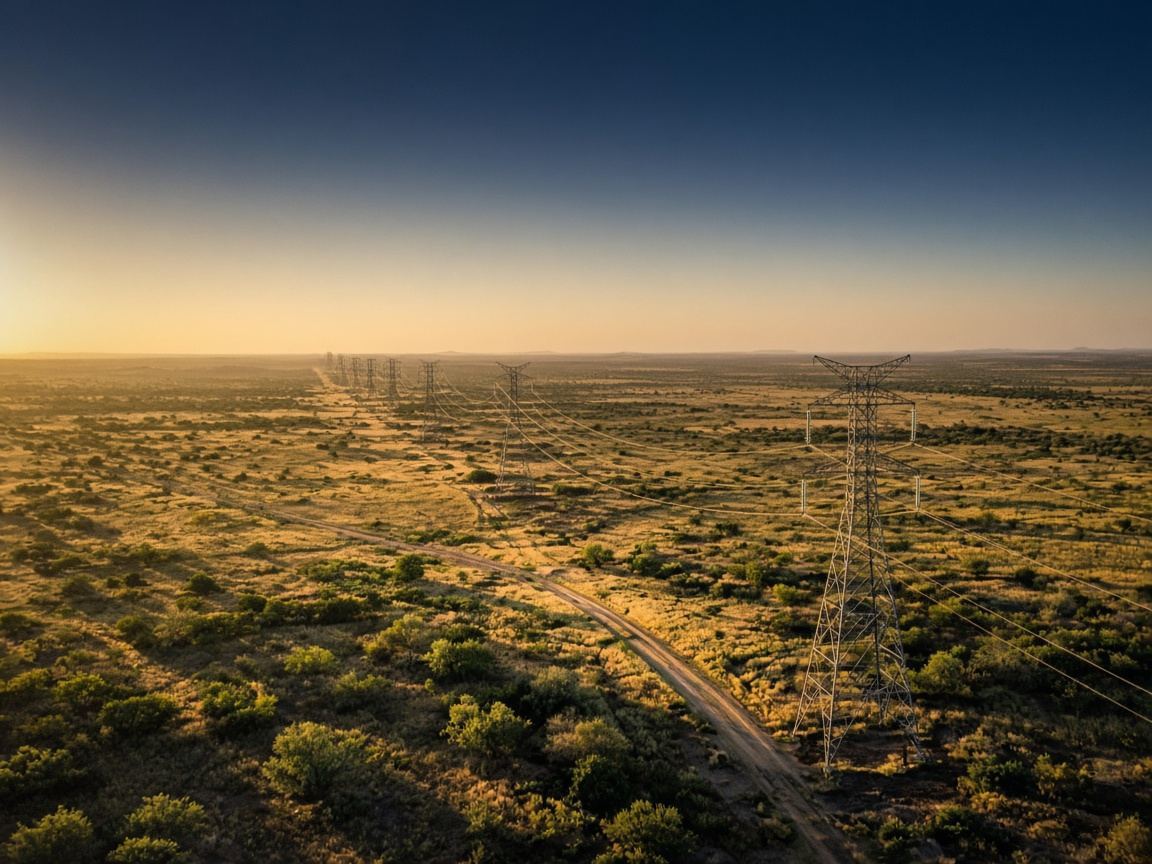 High-voltage transmission lines crossing open land